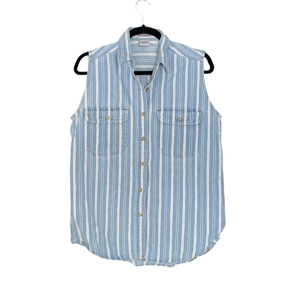 SANTA BARBARA Vintage Cotton Sleeveless Striped Button Front Blouse Blue White M